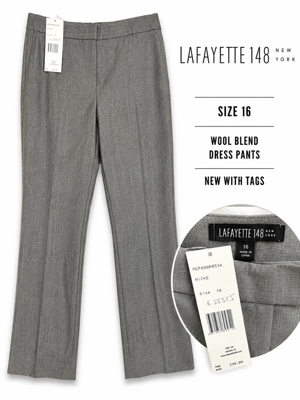 NWT Lafayette 148 New York Wool Blend Dress Pants Size 16 Gray Straight Leg